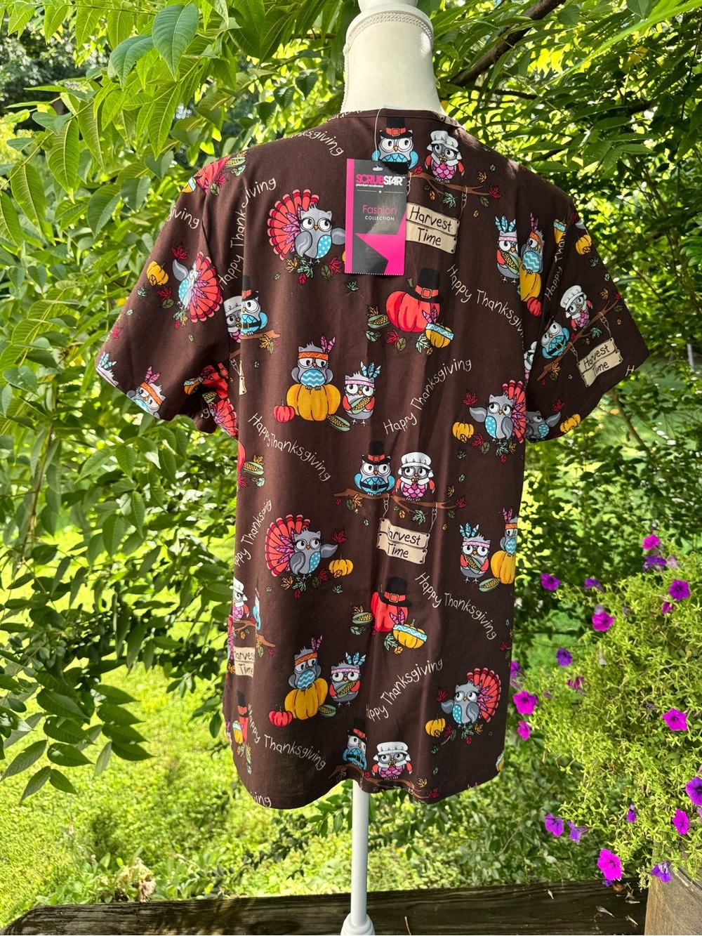 NWT ScrubStar Thanksgiving Owl Scrub Top Large Harvest Time Cotton Nurse - Picture 8 of 12